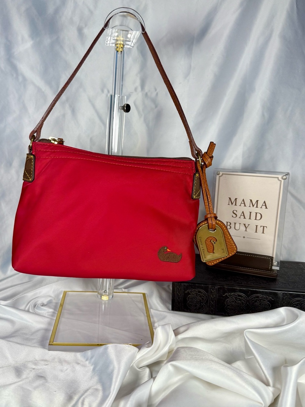 Dooney & Bourke Red Nylon Shoulder Bag Leather Strap Duck Charm